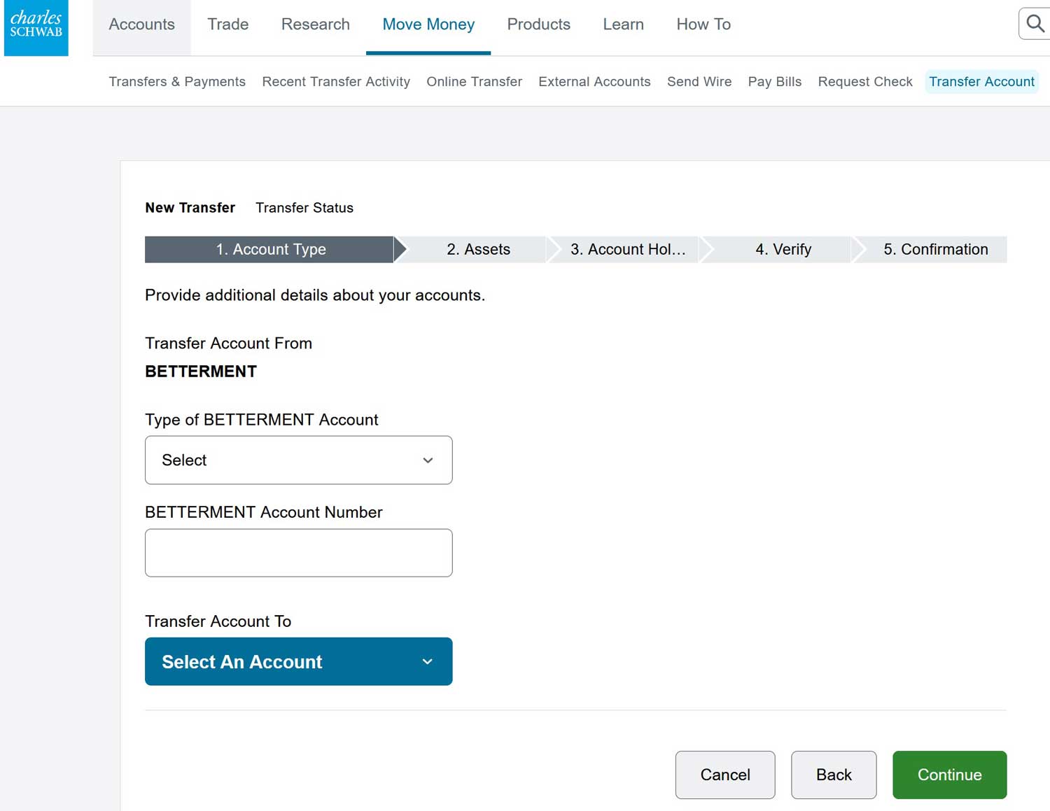 Transfer Betterment Account to Charles Schwab