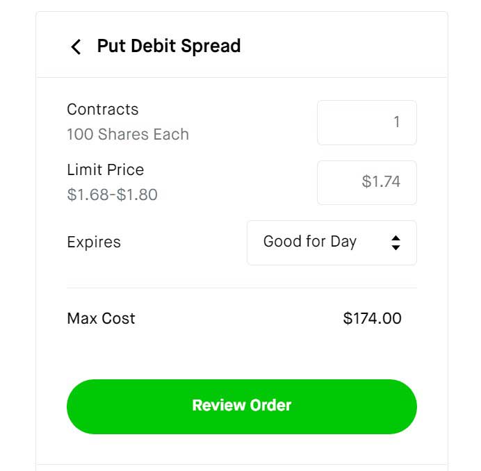 Robinhood Put Debit Spread order ticket